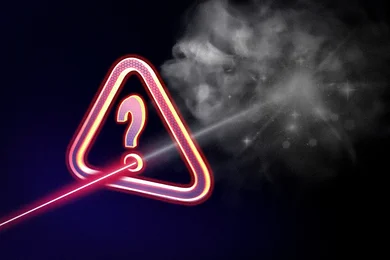 A red laser turns grey and fizzles out when passing through an “question mark” error message.