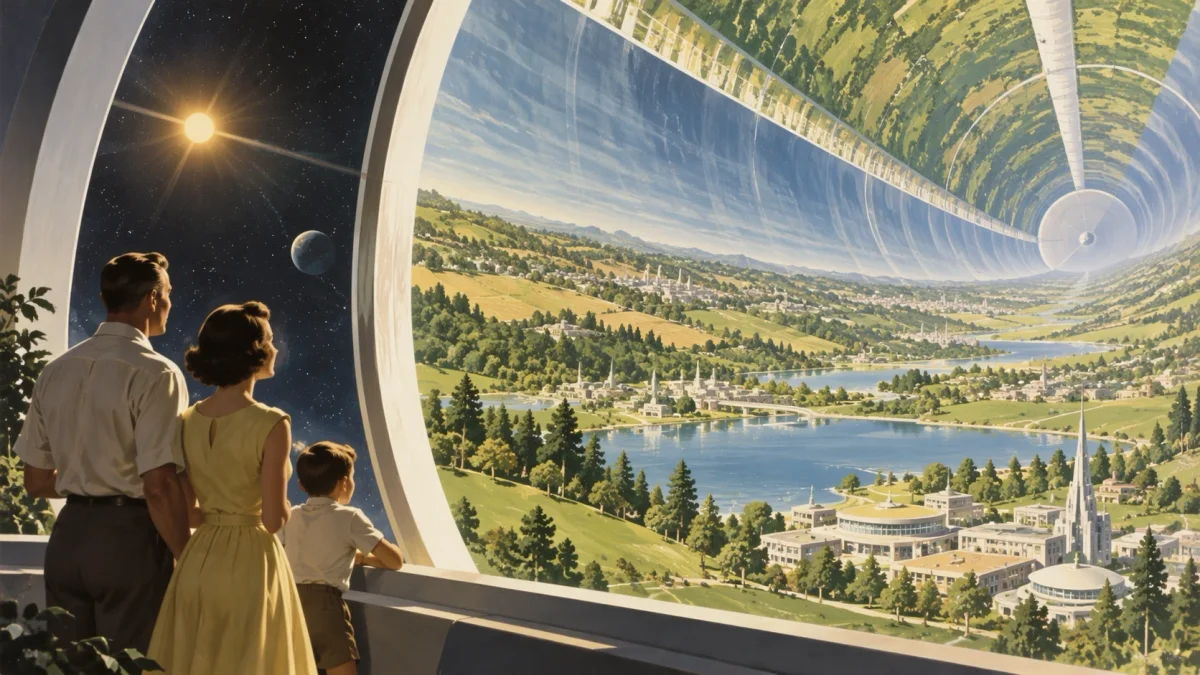 1950s-style illustration of a family looking into a vast cylindrical space habitat filled with green landscapes, lakes, and futuristic buildings.