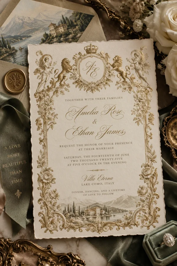 An ornate cream and gold wedding invitation with a crowned monogram, decorative lions, floral borders, and a Lake Como illustration, arranged with flowers and green ribbon.
