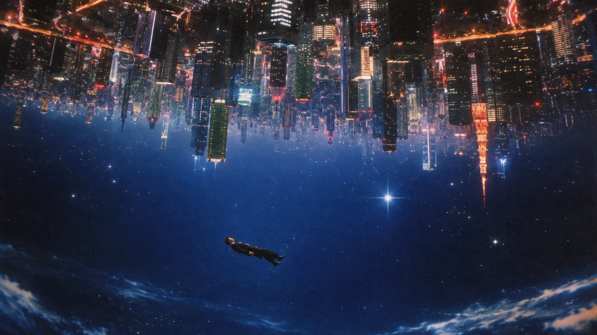 A person floats in a starry blue sky beneath an upside-down futuristic city, with illuminated skyscrapers extending downward from the top of the scene.