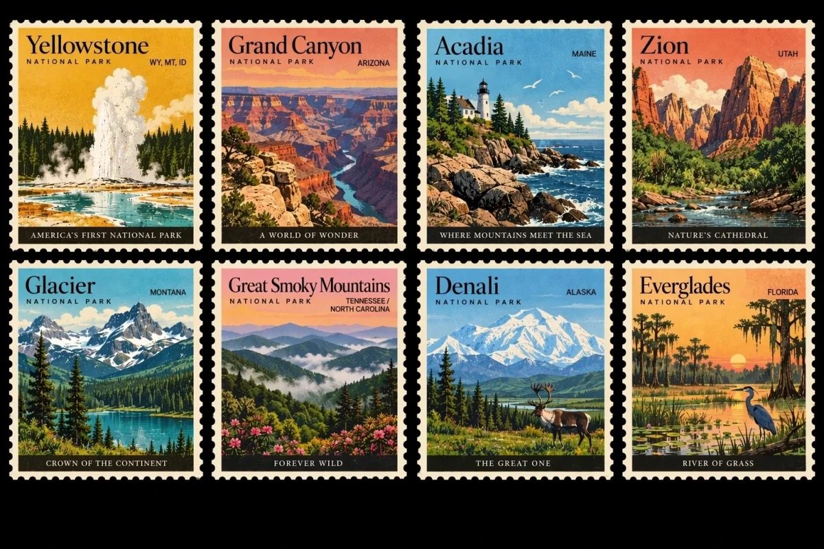Eight vintage-style stamps depicting Yellowstone, Grand Canyon, Acadia, Zion, Glacier, Great Smoky Mountains, Denali, and Everglades national parks.