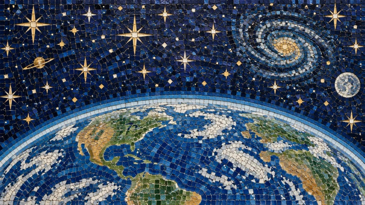 Blue and gold tile mosaic showing Earth beneath a star-filled sky with planets and a spiral galaxy.