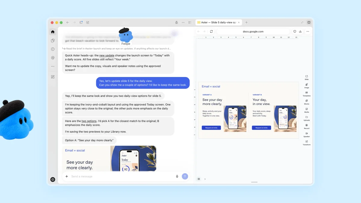 Blue dot Felipe revises launch materials beside two email and social design options.