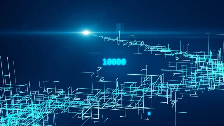 A brilliant illumination followed by a complex web of linked lines and nodes, resembling a circuit board, all depicted in varying shades of blue.