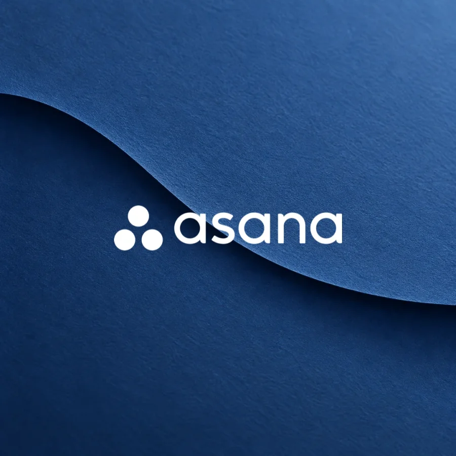 White Asana logo over a blue layered-paper texture.