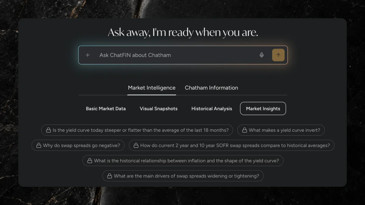 ChatFIN interface over a dark texture background showing market intelligence prompts for Chatham Financial.