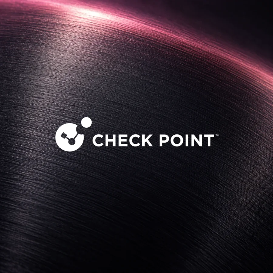 White Check Point logo over a dark brushed texture with a magenta reflection.