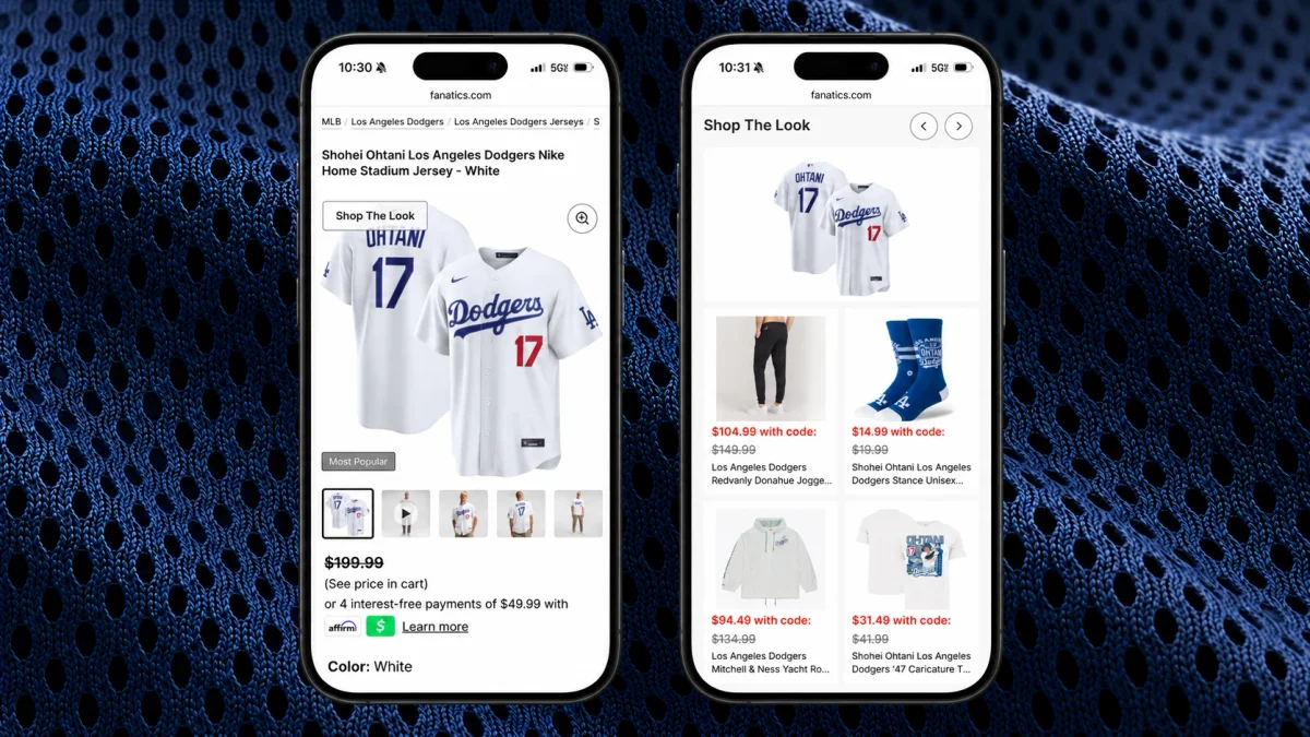 Two mobile devices show a Shohei Ohtani Dodgers jersey product page on the left and Fanatics’ Shop the Look merchandise recommendations on the right, over navy jersey mesh.