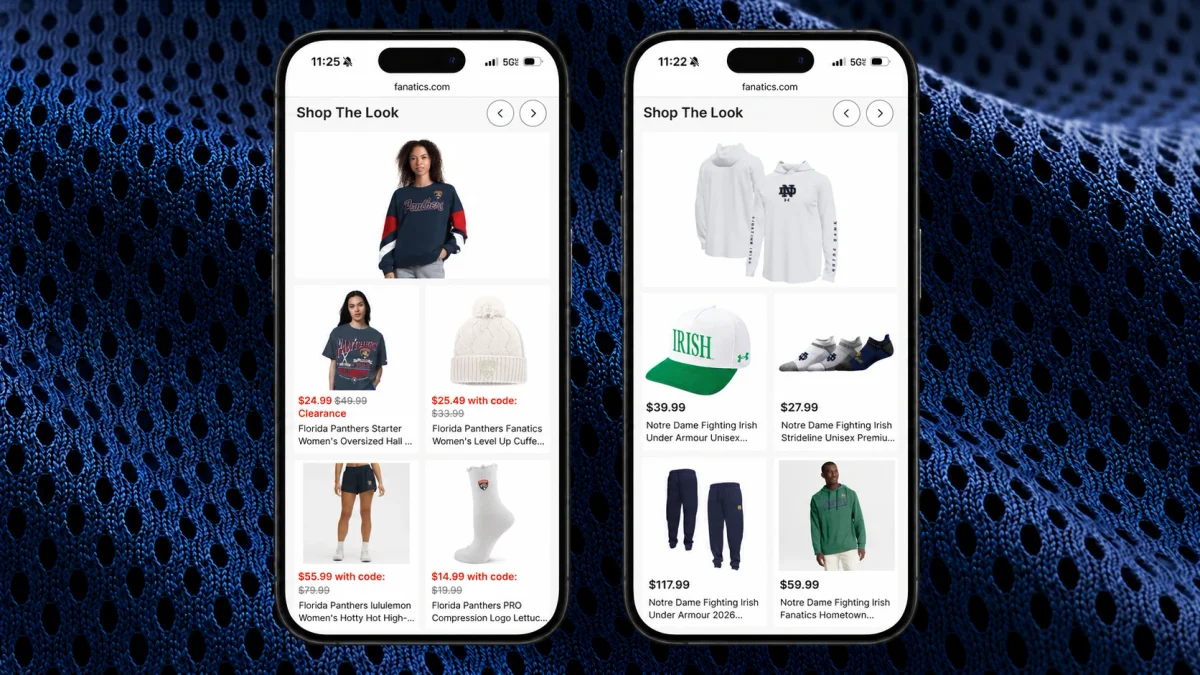 Two mobile devices show Florida Panthers and Notre Dame Shop the Look merchandise recommendations side by side over navy jersey mesh.