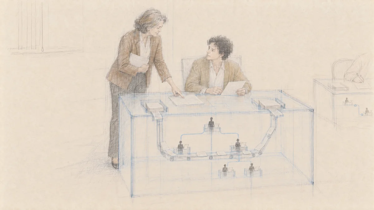 A worker and manager stand over a desk containing a miniature team working beneath its surface.