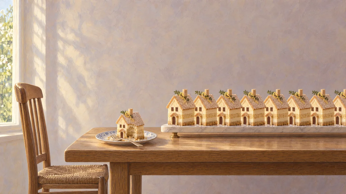 A small house-shaped cake on a plate sits in front of a row of larger house-shaped cakes.
