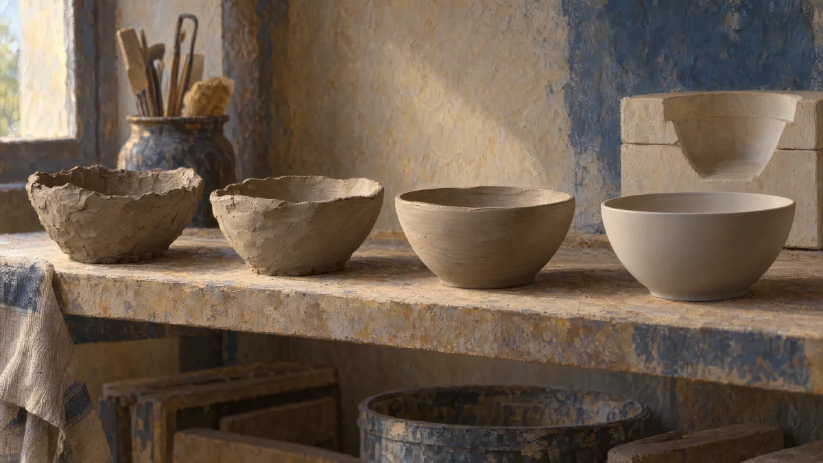 Unfinished clay bowls and finished ceramic bowls sit on a potter’s workbench.