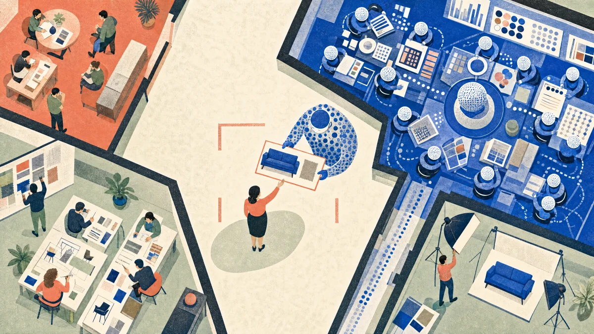 A manager directs a blue AI marketing team alongside human teams in adjacent workspaces.