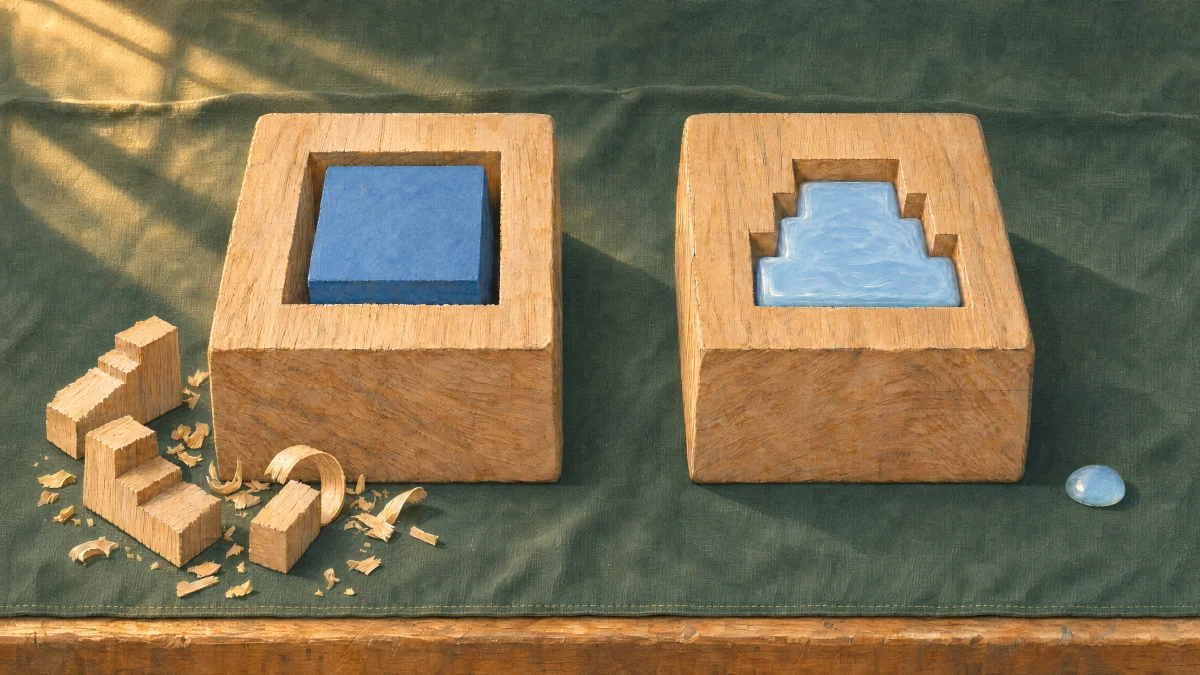 Two wooden blocks show a square-shaped opening and a stepped opening fitted by different arrangements of smaller blocks.