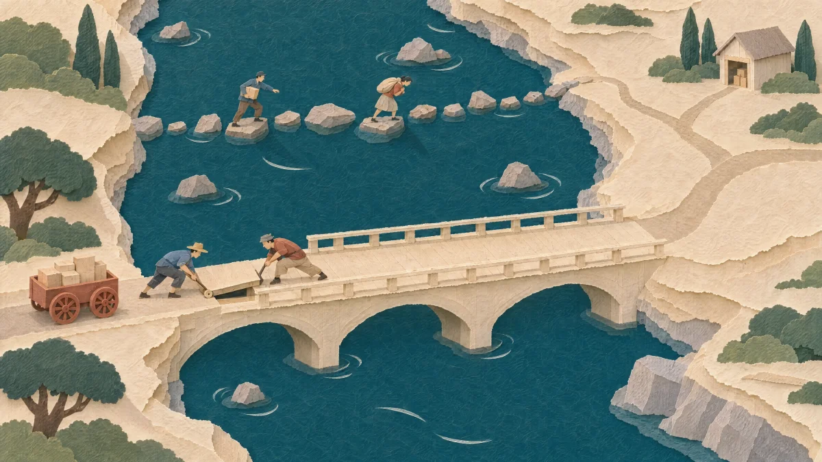 Workers cross a river using stepping stones beside a bridge awaiting its final span.