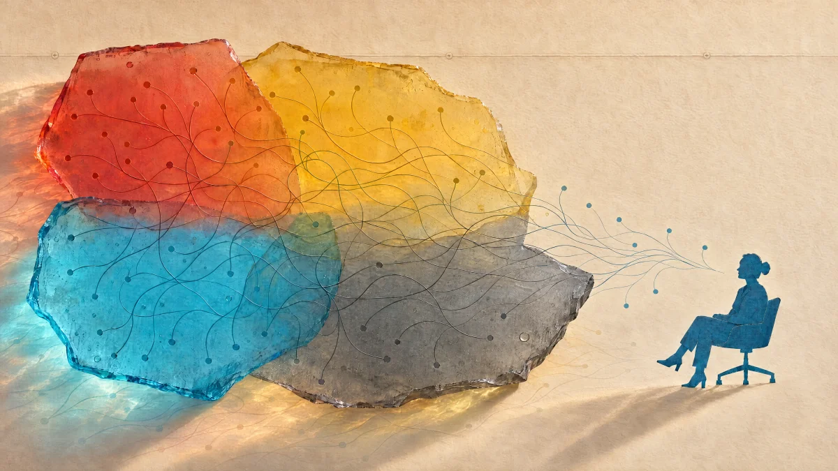 Colored layers of connected points flow toward a seated executive, representing AI coordination across a firm.