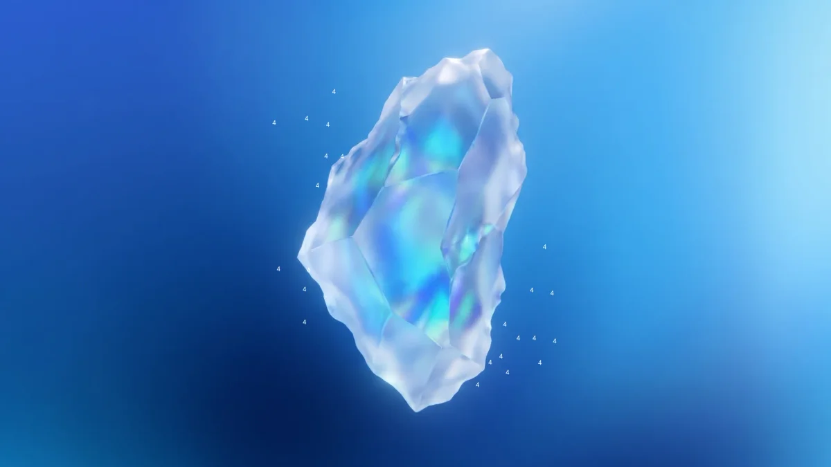 Faceted iridescent crystal surrounded by floating white number 4s.