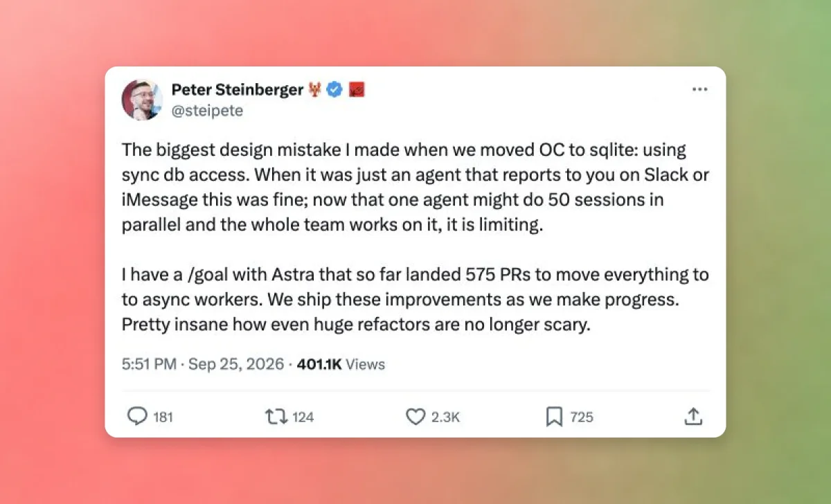 Peter Steinberger describes using Astra for a long-running refactor to asynchronous workers.