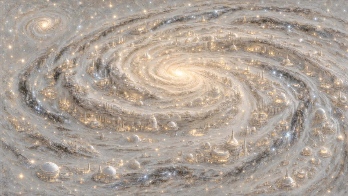 An illuminated spiral galaxy filled with domed settlements illustrates a civilization of width.