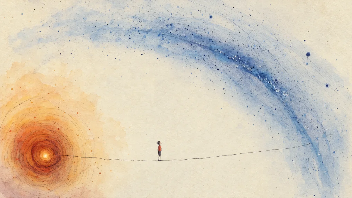 A person stands on a thin line between an orange cosmic spiral and a sweeping blue field of stars.