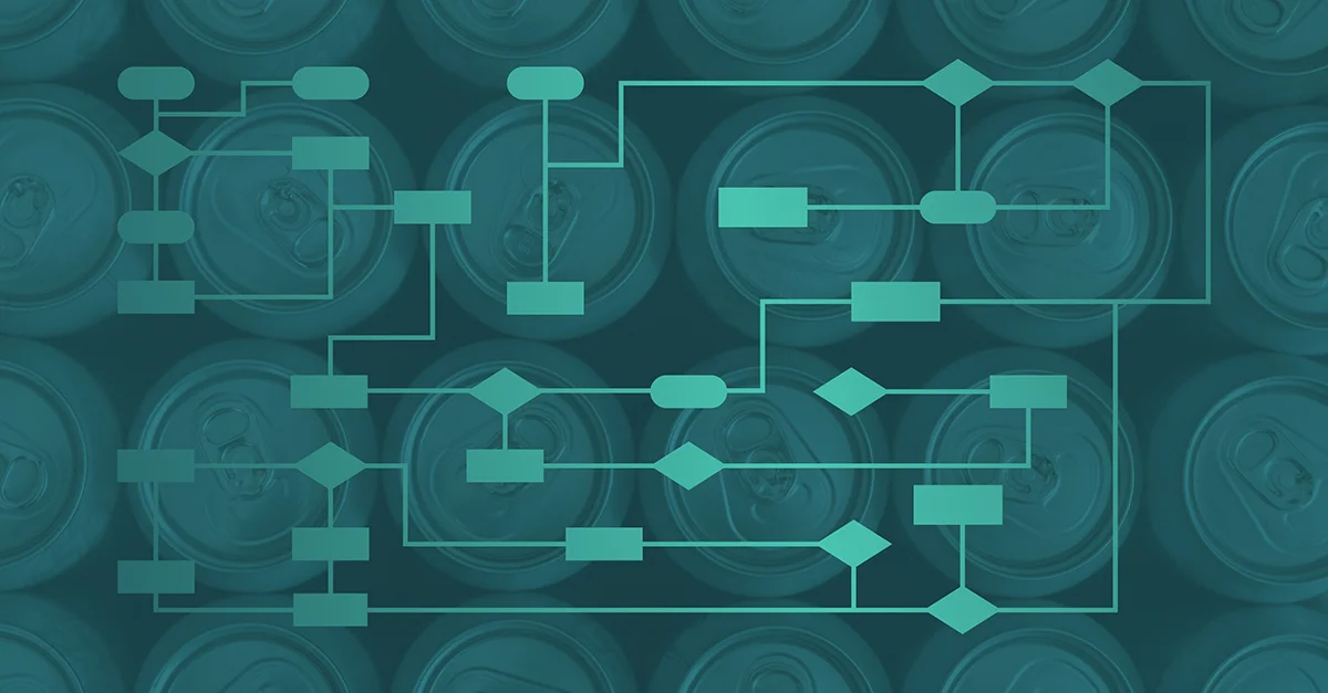 Abstract teal-toned image of aluminum cans viewed from above, overlaid with a network of connected flowchart shapes (rectangles, rounded nodes, and diamonds) linked by thin line.
