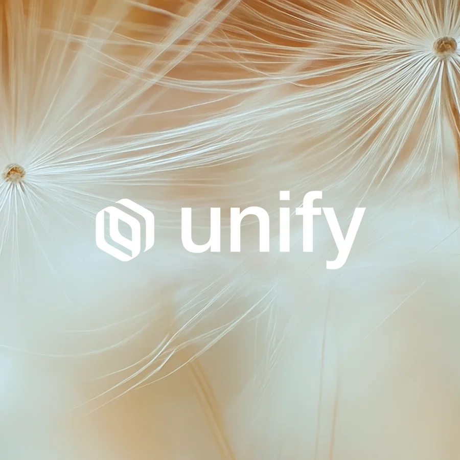 Unify logo in white against a backdrop of dandelion seed heads