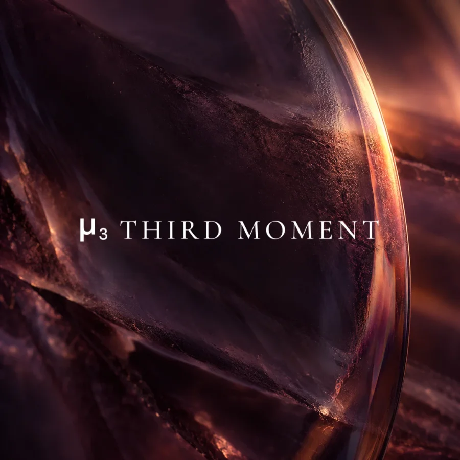 White Third Moment wordmark over smoky plum glass illuminated by warm amber light.